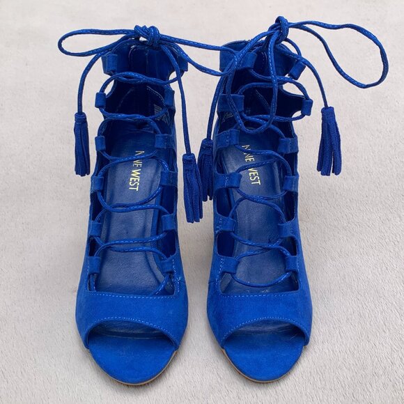 Nine West Briagd Faux Suede Lace Up Ghillie Peep Toe Stilettos Sz6 - Picture 5 of 15